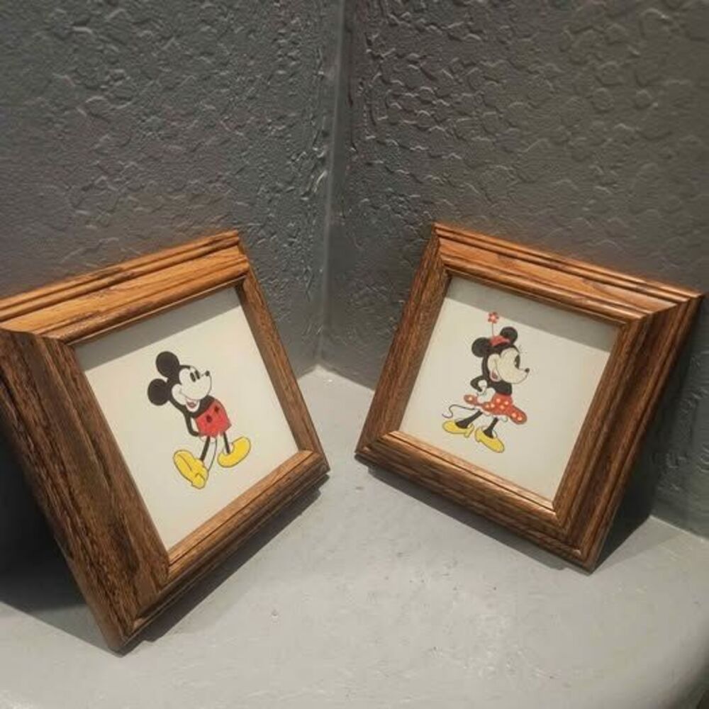 Disney Mickey and Minnie Mouse Oak Framed Ceramic Tile Art Set